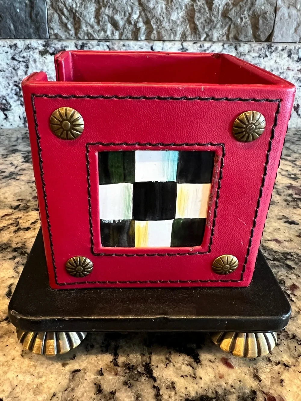 MacKenzie-Childs Vintage Red Leather & Enamel Notepad cube holder. With notepad.